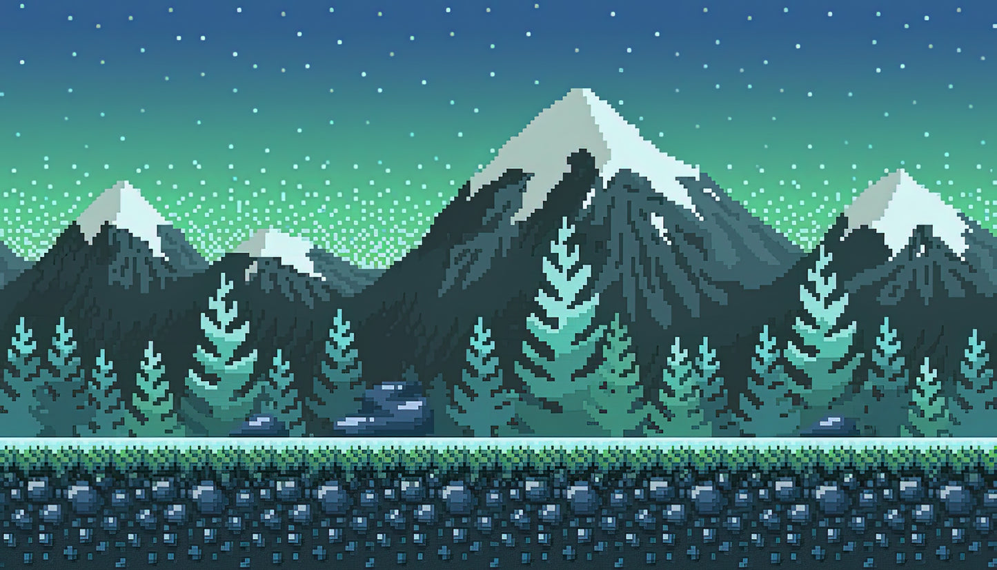 8 Bit Background: Nocturnal Snowy Peaks Pixel Art | TotalUSAMagazine