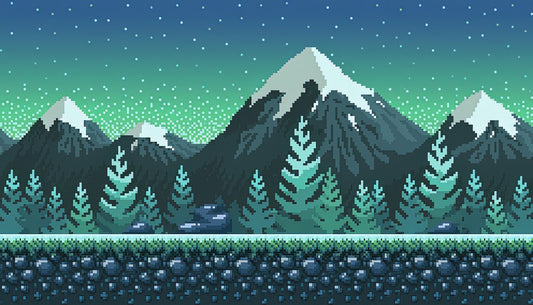 8 Bit Background: Nocturnal Snowy Peaks Pixel Art | TotalUSAMagazine